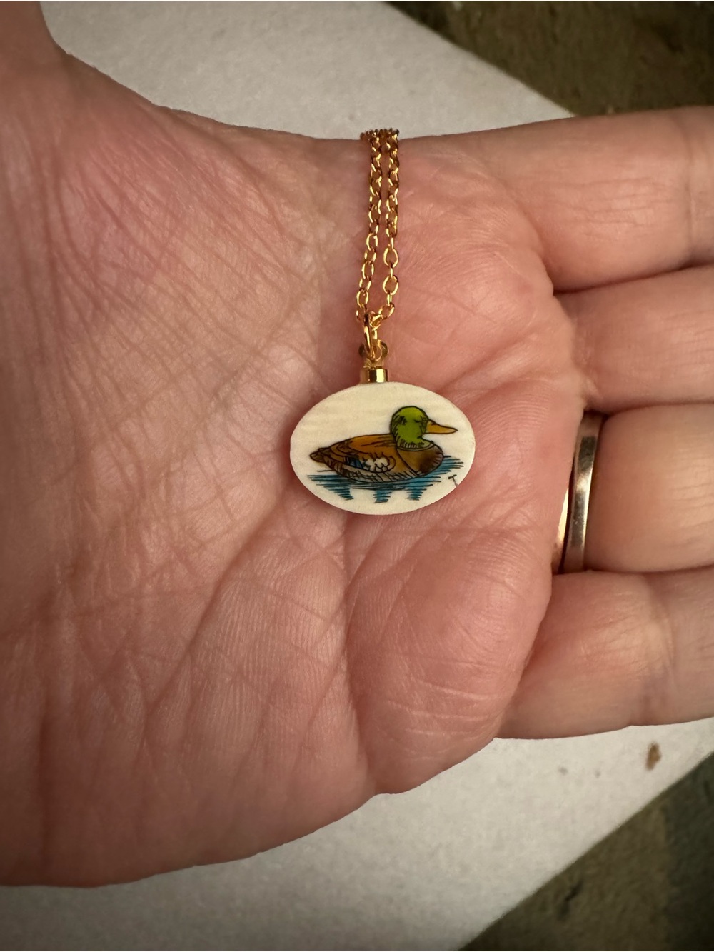 Vintage Scrimshaw Gold Chain Necklace with Green and Brown Duck Pendant
